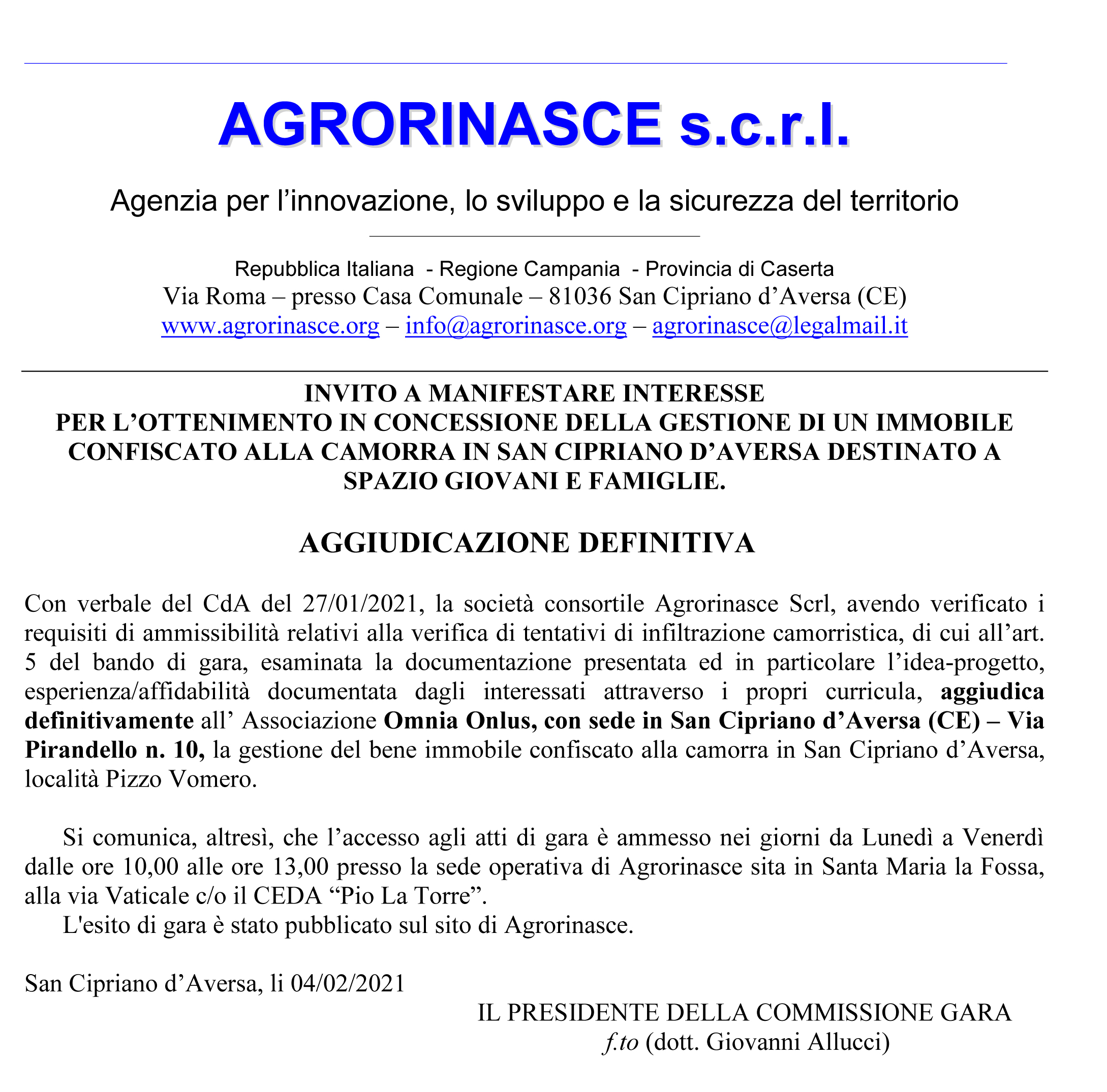 Aggiudicazione definitiva bene destinato a spazio giovani e famiglie